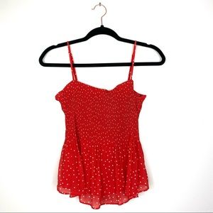 Lush Bright Red White Polka Dot Accordion Pleated Flowy Spaghetti Strap Tank Top